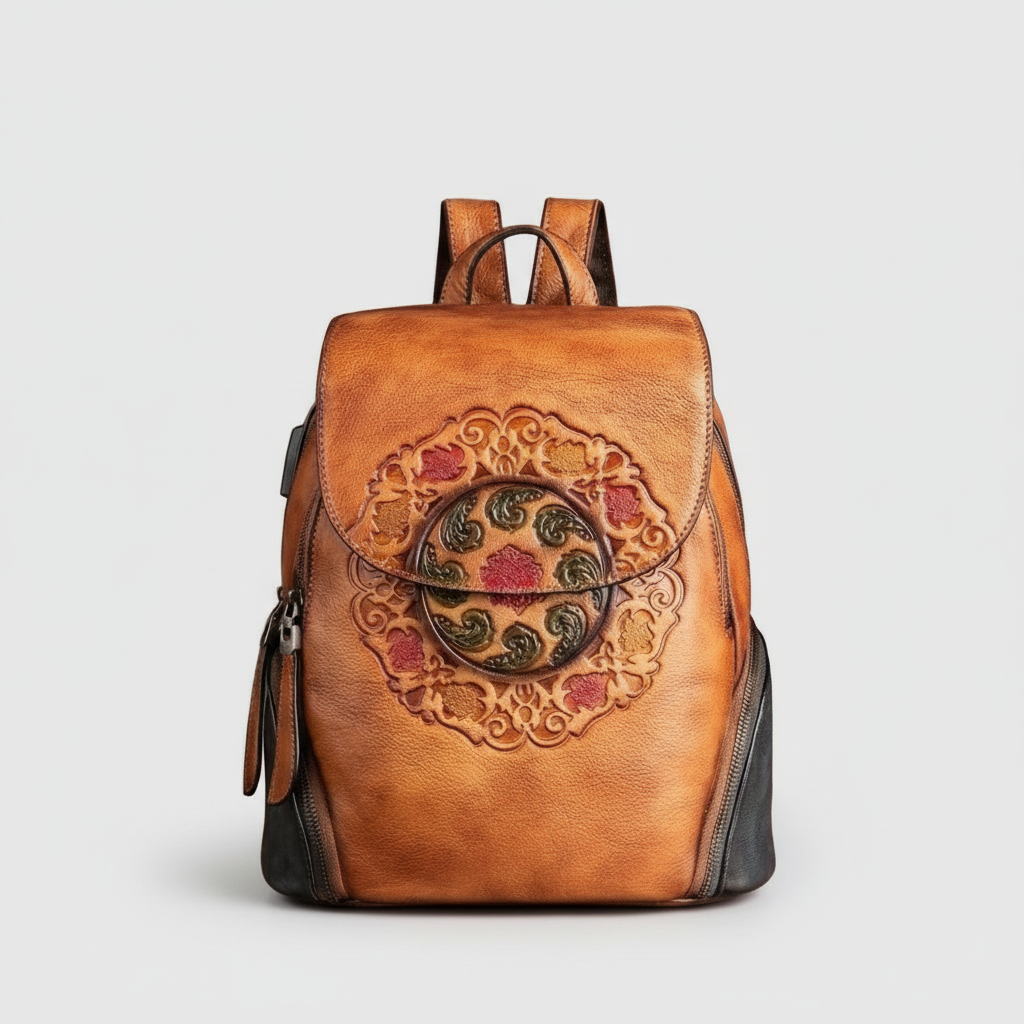 Vintage Embossed Women Leather Backpack