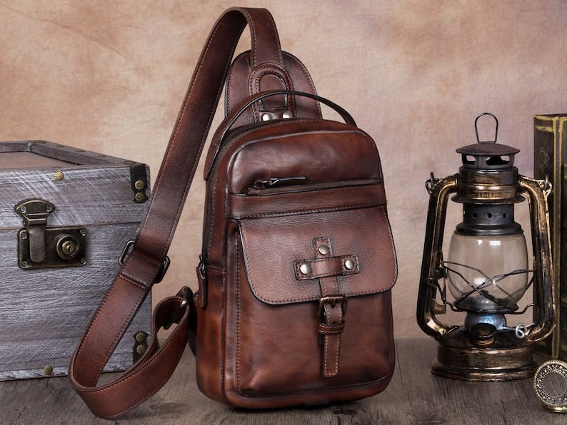 Leather Sling Bag Crossbody Purse Chest Backpack