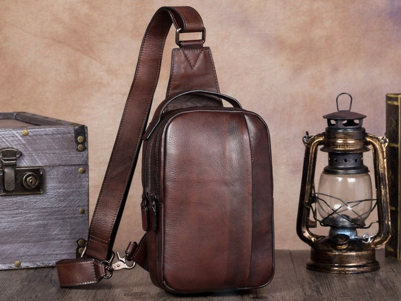 Double Zipper Leather Sling Bag Crossbody Hiking Daypack Shoulder Backpack