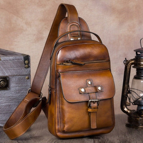 Leather Sling Bag Crossbody Purse Chest Backpack