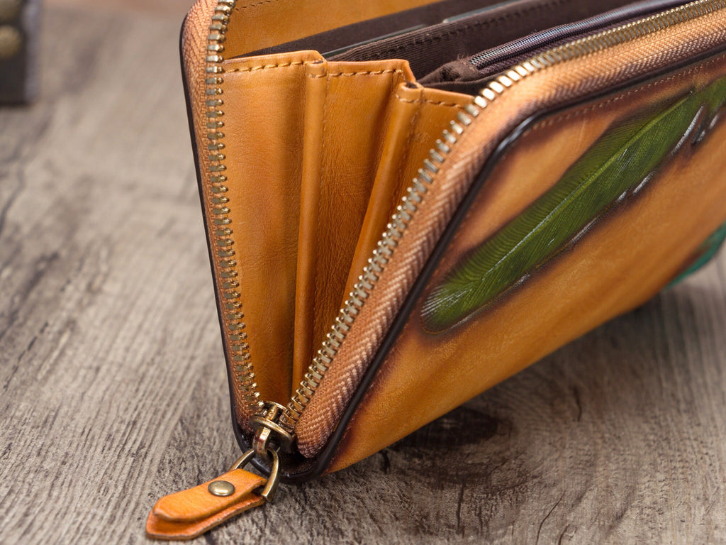 Women's Wallet Genuine Leather Zip Around Wristlet Long Purse Unique Embossed Handmade Clutch