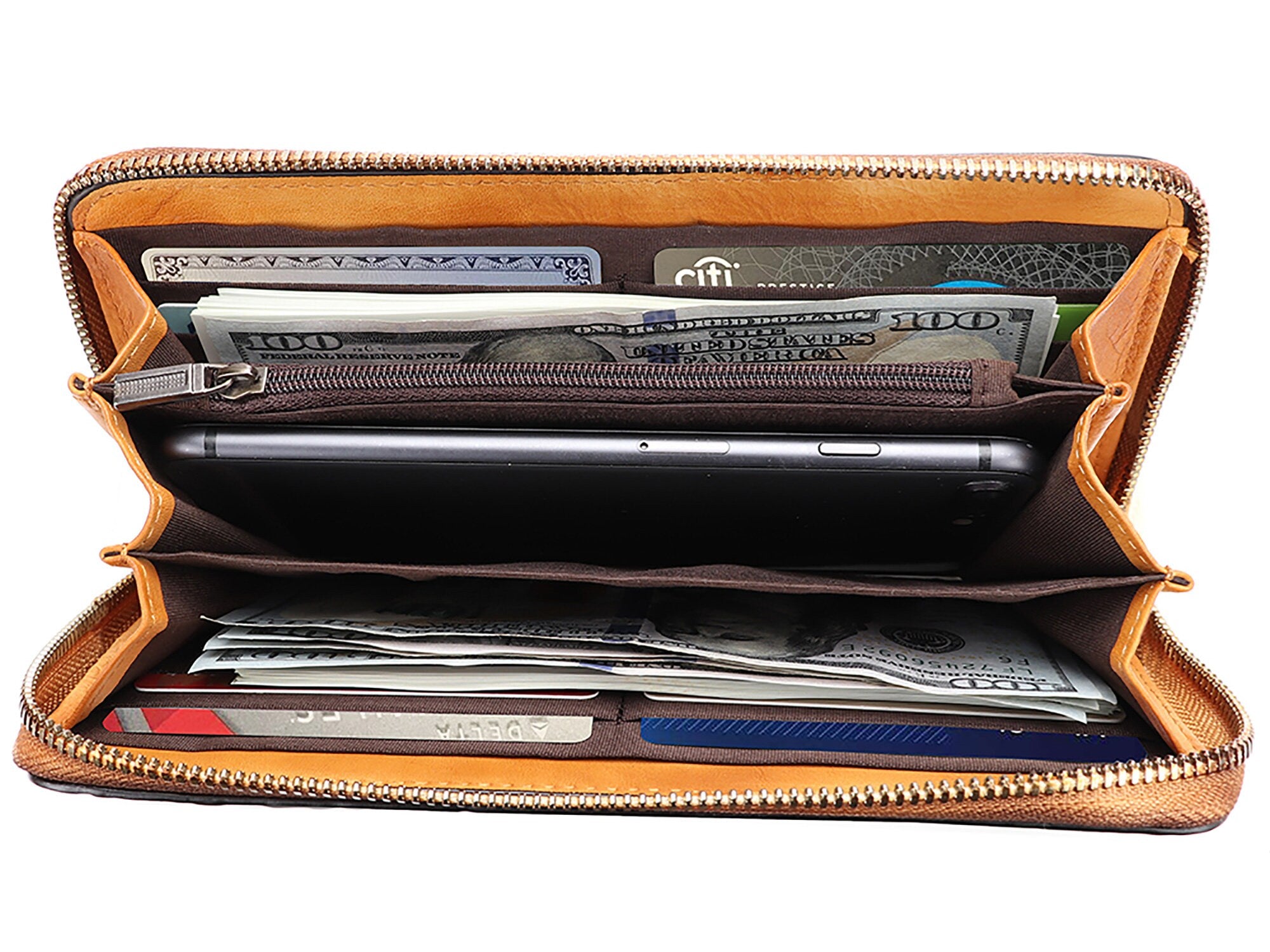 Women's Wallet Genuine Leather Zip Around Wristlet Long Purse Unique Embossed Handmade Clutch