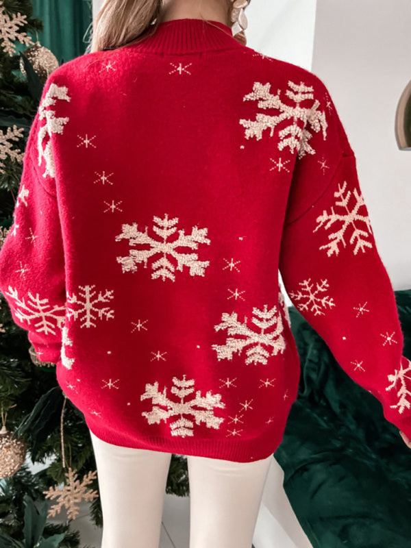Christmas Sweater Knitted Fluffy Loose Casual  Snowflake Print Long Sleeves Pullover