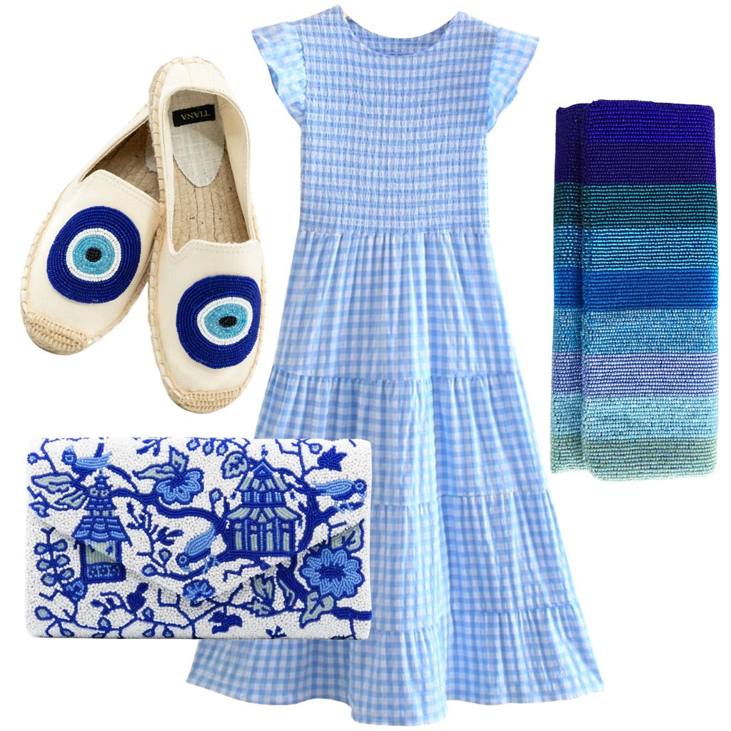 Blue Gingham Smocked Flutter Sleeves Tiered Midi Dress