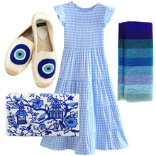 Load image into Gallery viewer, Blue Gingham Smocked Flutter Sleeves Tiered Midi Dress
