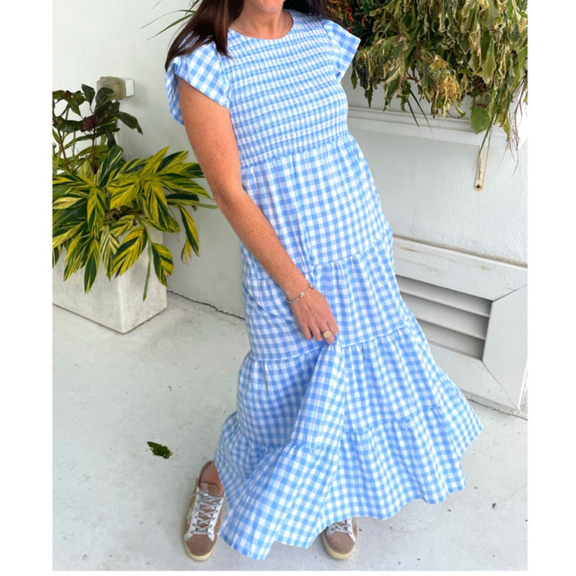 Blue Gingham Smocked Flutter Sleeves Tiered Midi Dress