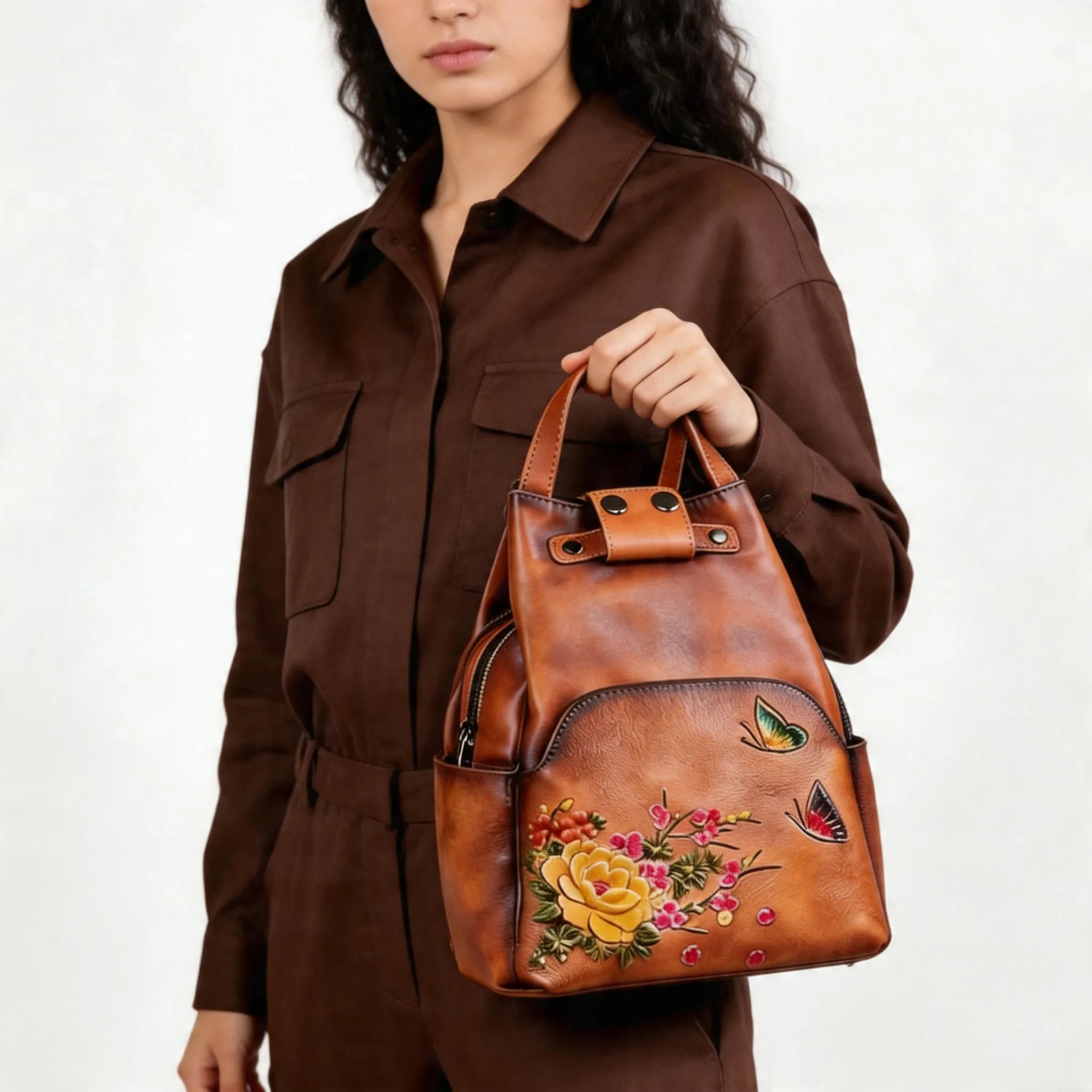 Floral Butterfly Embossed Leather Handbag  Women Backpack
