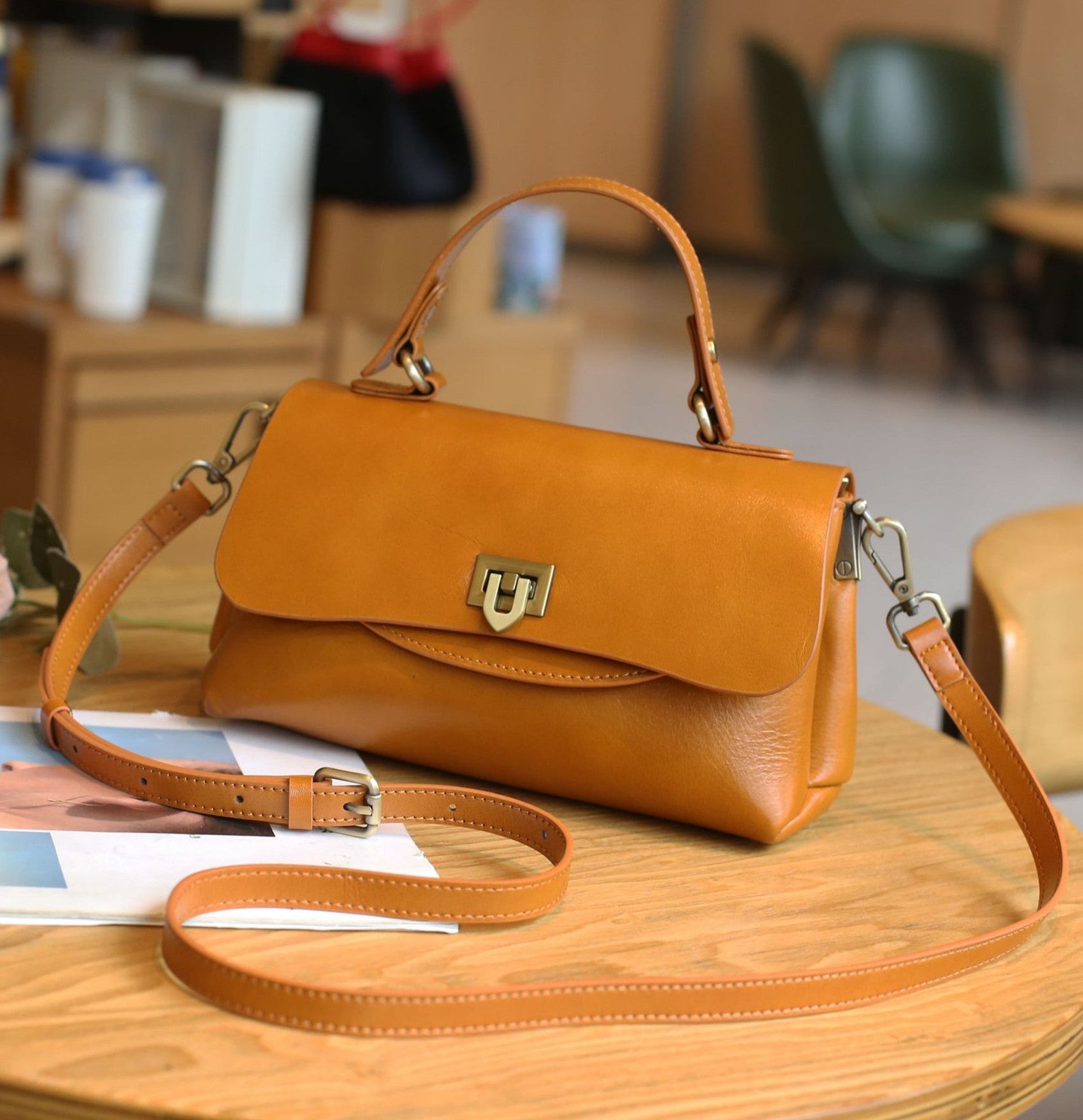 Classic Full Grain Leather Handbag  Flap Top Mini Crossbody Bag