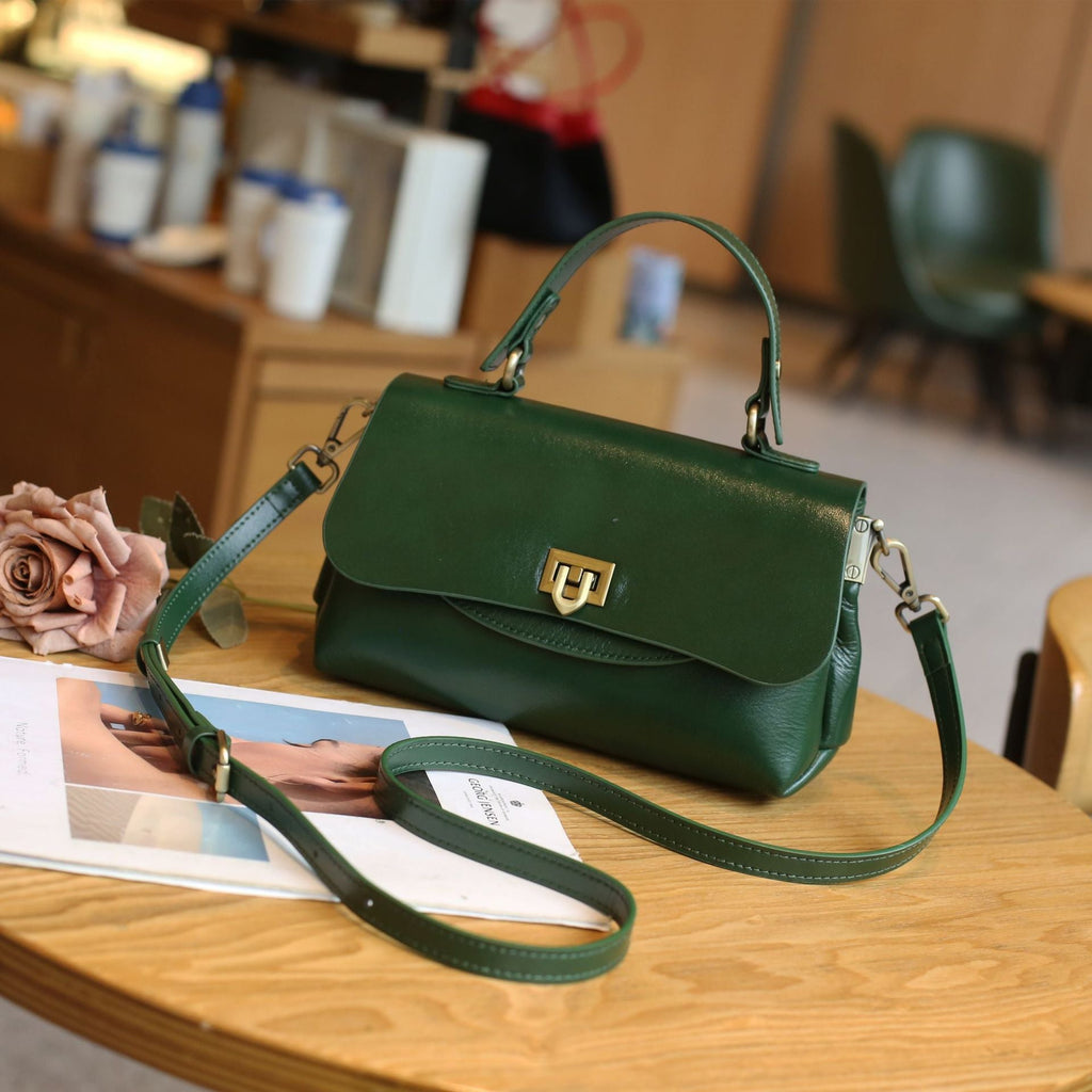 Classic Full Grain Leather Handbag  Flap Top Mini Crossbody Bag