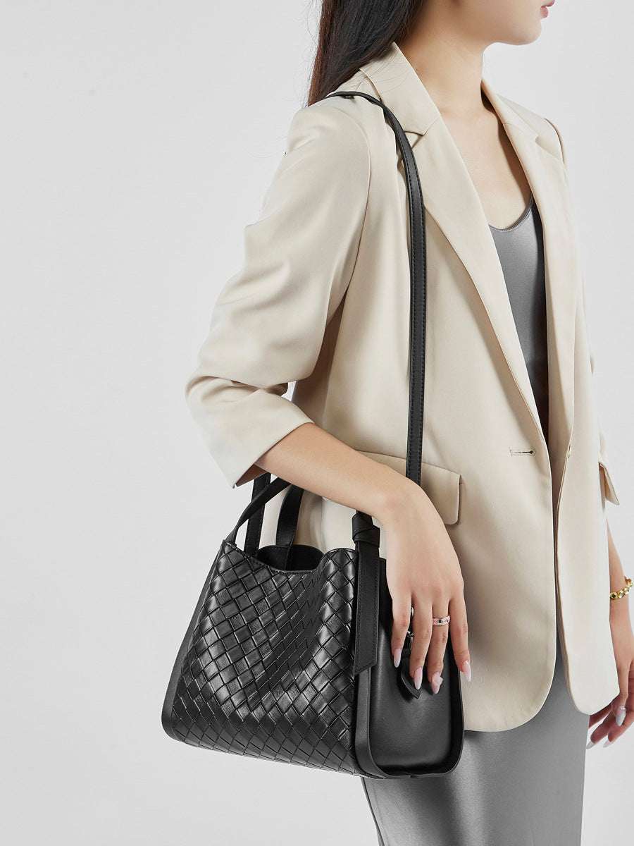 Embossed Basket Bag Woven Handbag with Straps