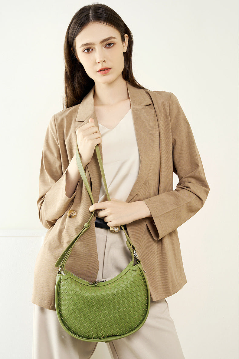 Classic Genuine Leather Bag Woven Crescent Handbag