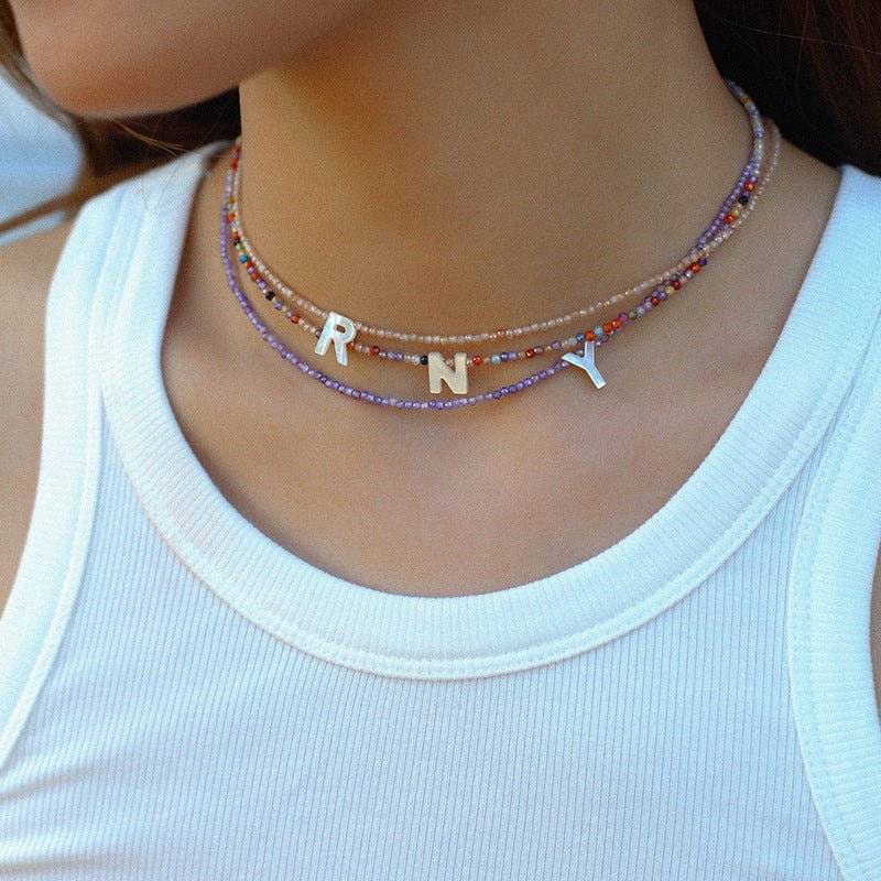 Mother - of - Pearl Alphabet Colorful Zircon Beaded Necklace - floysun