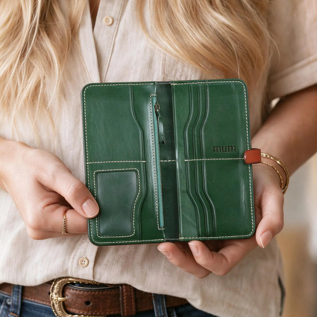 Personalized green full grain leather wallet held in woman's hands, open interior with engraved mum text, card slots and zipper pocket, handmade stitching