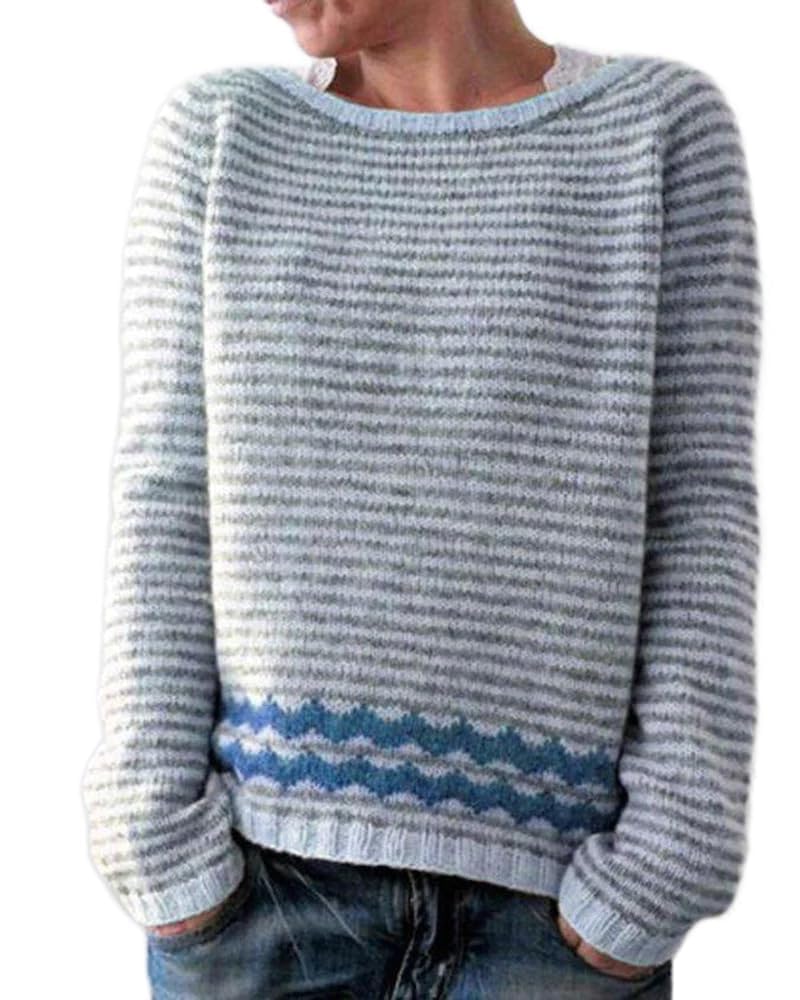 Casual Crew Neck Long Sleeve Stripped Knit Sweater