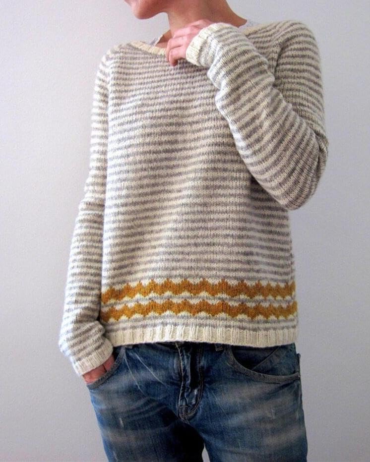 Casual Crew Neck Long Sleeve Stripped Knit Sweater