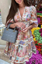 Load image into Gallery viewer, Vintage Print Buttons V Neck Mini Dresses
