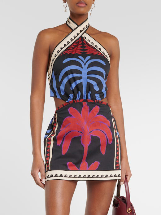 Tropical Plants Print Halter Mini Dress