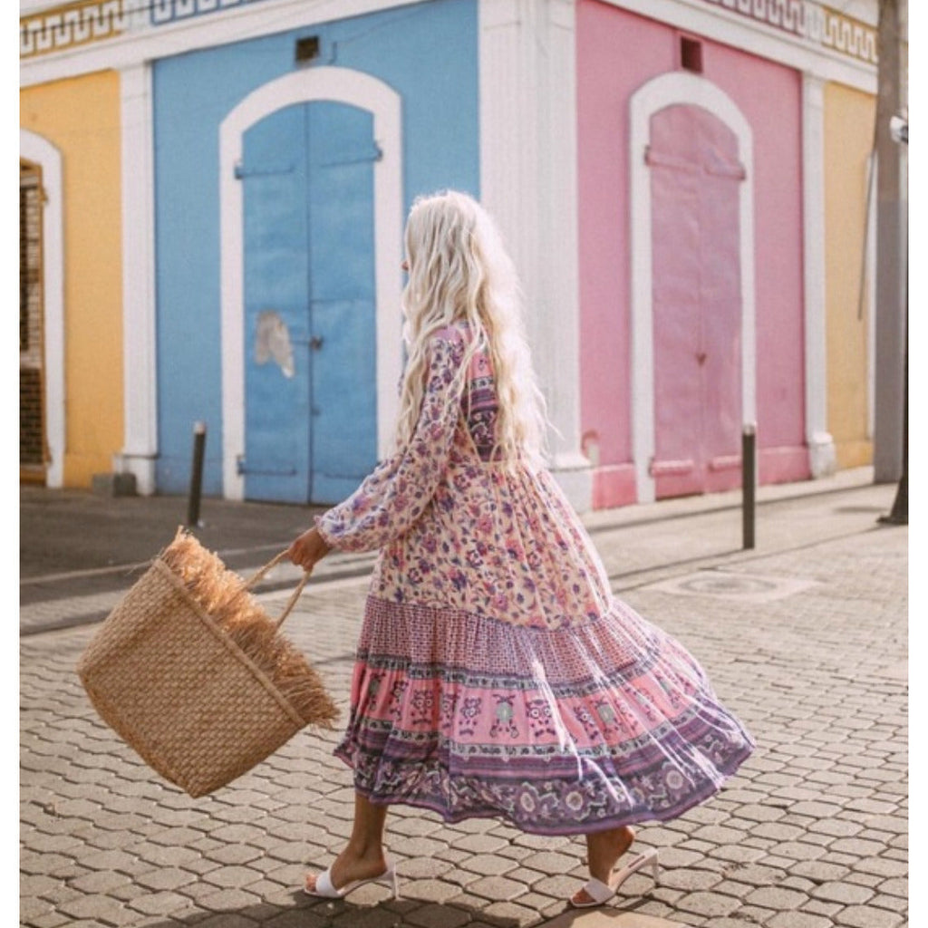 Boho Floral Print Long Sleeve Loose Maxi Dress
