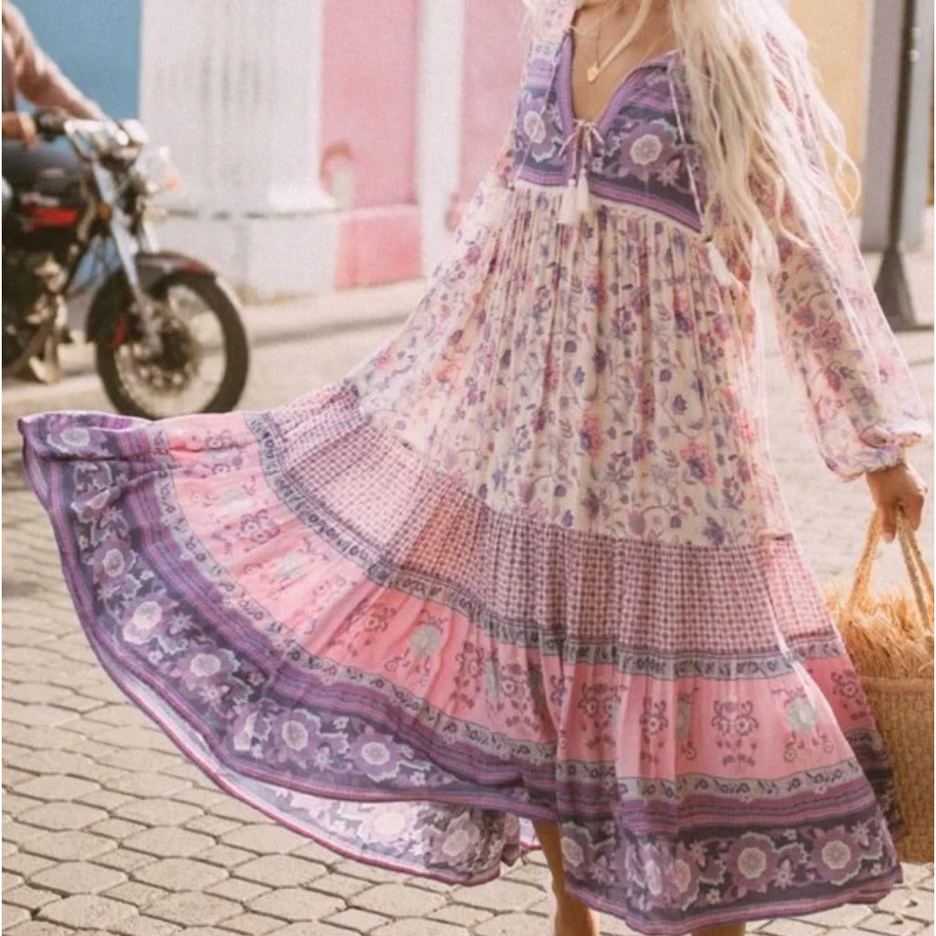 Boho Floral Print Long Sleeve Loose Maxi Dress