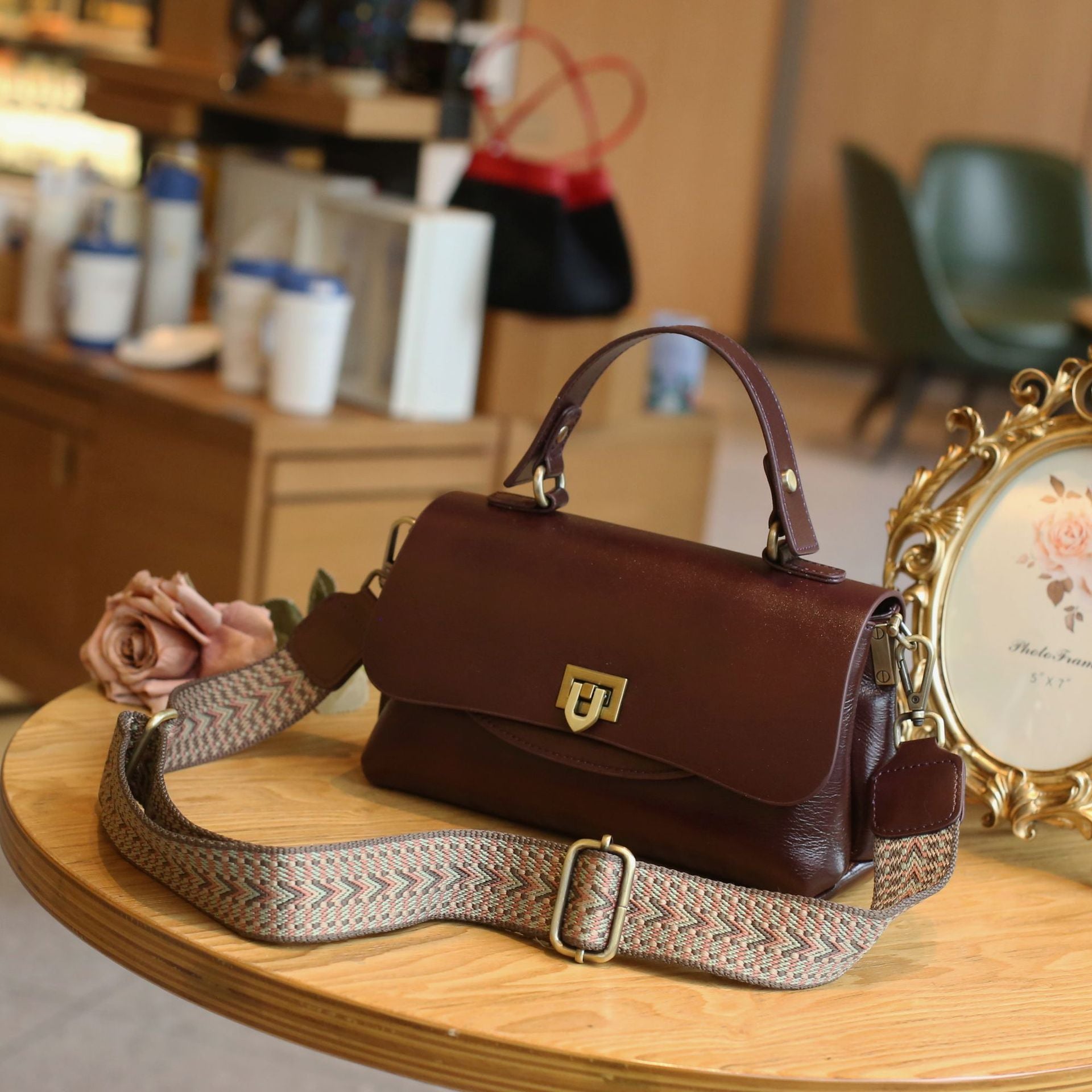 Classic Full Grain Leather Handbag  Flap Top Mini Crossbody Bag