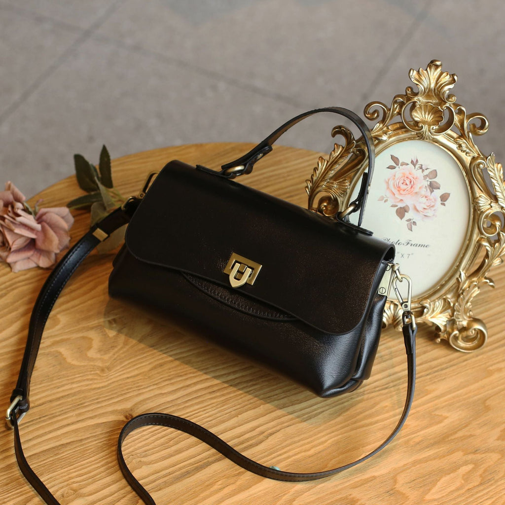 Classic Full Grain Leather Handbag  Flap Top Mini Crossbody Bag