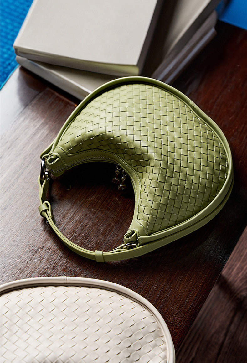 Classic Genuine Leather Bag Woven Crescent Handbag