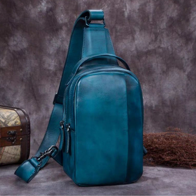 Double Zipper Leather Sling Bag Crossbody Hiking Daypack Shoulder Backpack