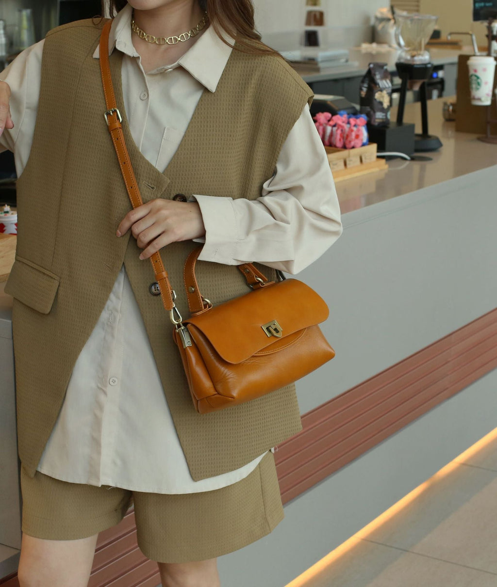 Classic Full Grain Leather Handbag  Flap Top Mini Crossbody Bag