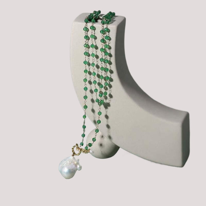 Green Beaded Layered Necklace with Pearl Drop Pendant