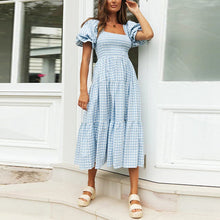 Load image into Gallery viewer, Plaid Square Neck Puff Sleeve Midi Dress
