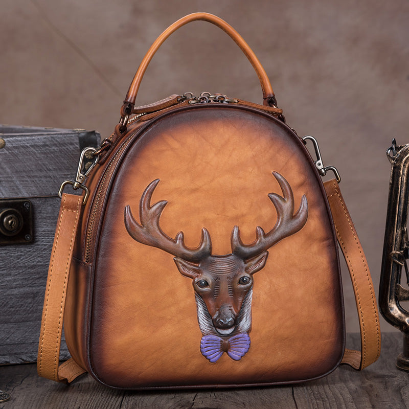 Deer Embossed Leather Handbag Backpack for Women