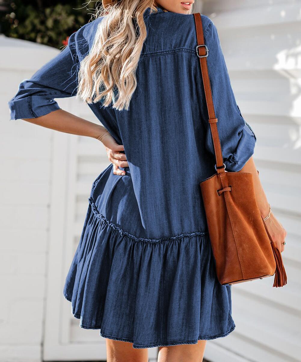Denim Buttoned Shirt Dress with Pockets