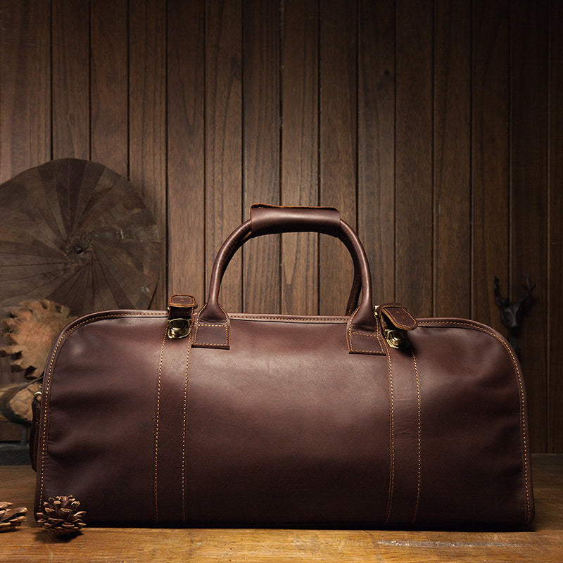 Coffee Full Grain Leather Travel Duffle Weekend Bag