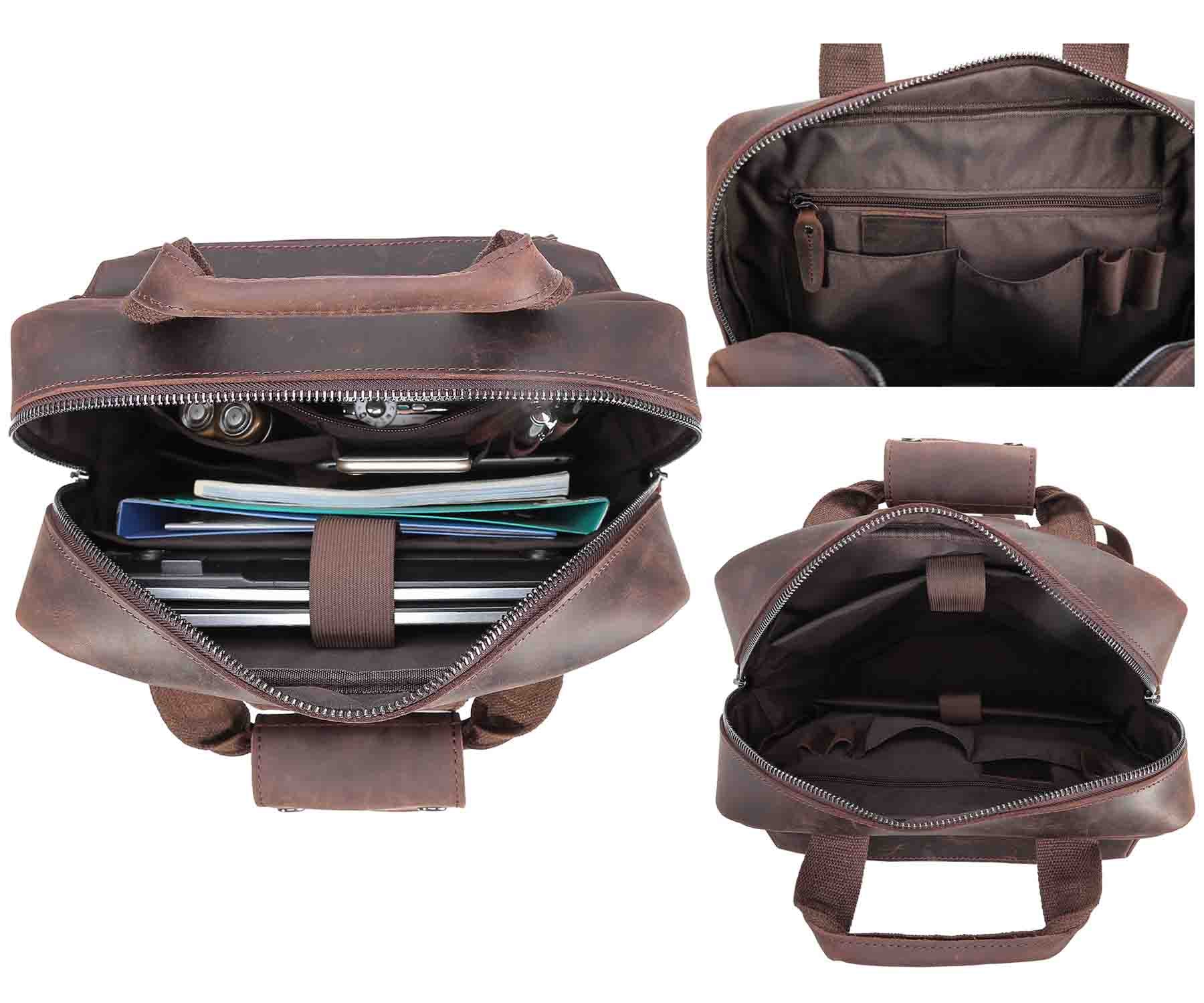 Cowhide Leather Multiple Laptop School Backpack Day pack Travel Bag Satchel with Zippers