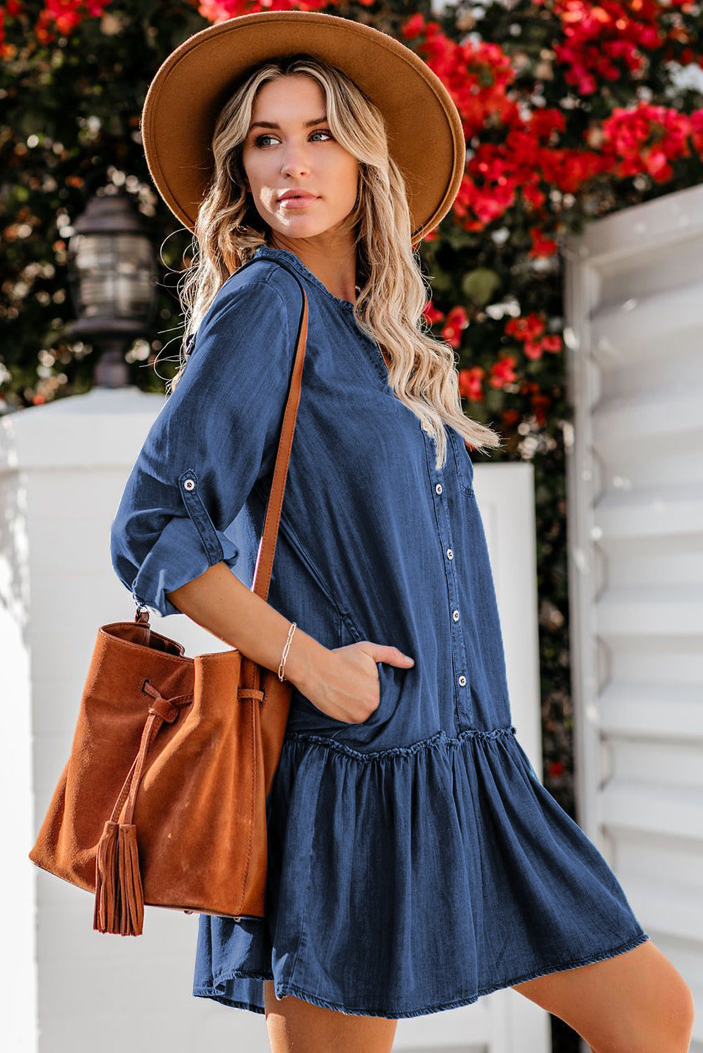 Denim Buttoned Shirt Dress with Pockets