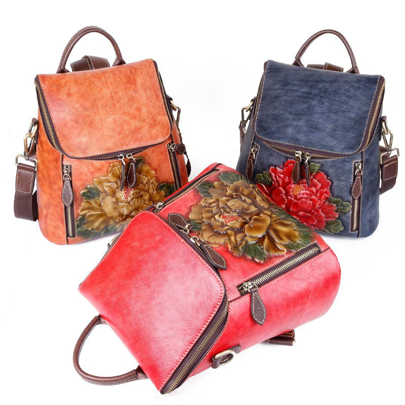 Unique Embossed Floral Leather Leather Backpack for Women
