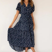 Load image into Gallery viewer, Navy Polka V-neck Tiered Midi Dress
