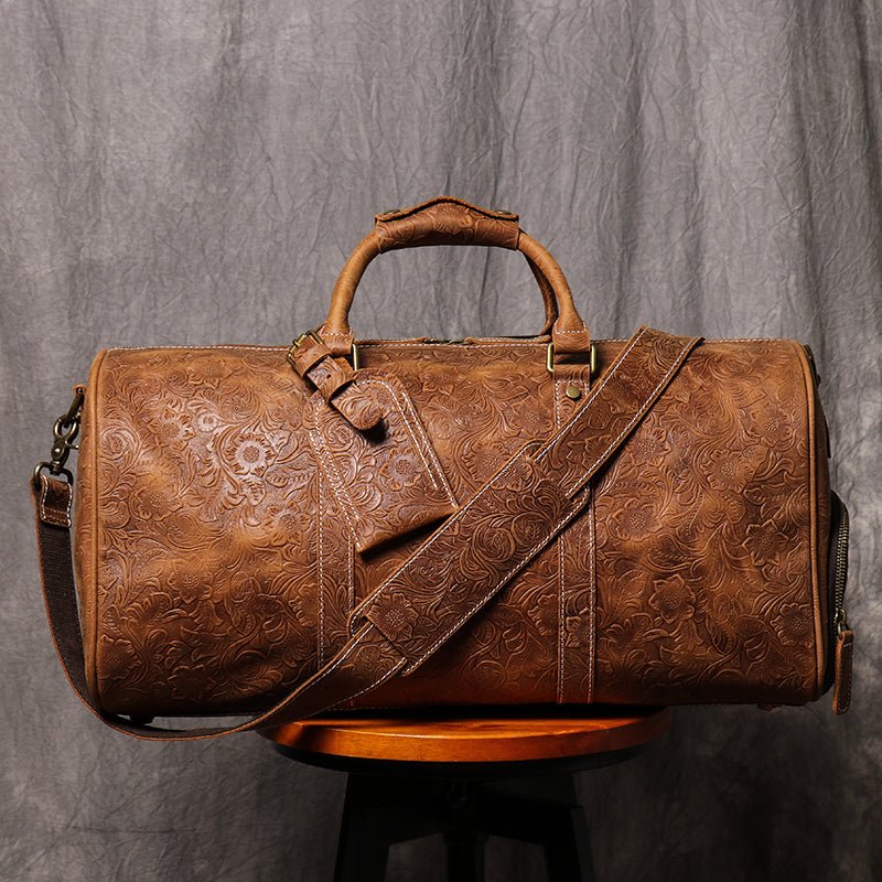 Brown Embossed Full Grain Travel Weekender Leather Duffel Bag