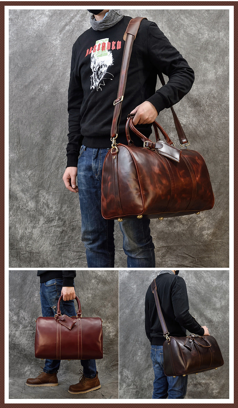 Burgundy Simple Travel Weekender Leather Duffel Bag