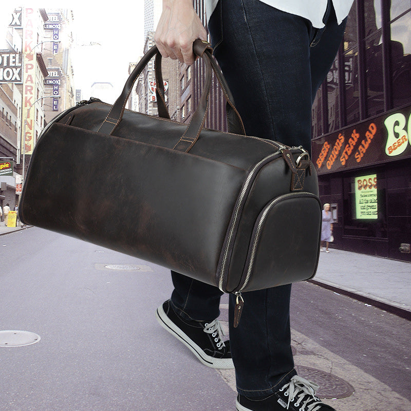 Large Leather Duffel Bag with Shoe Compartment
