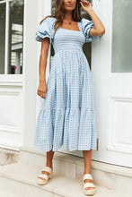 Load image into Gallery viewer, Plaid Square Neck Puff Sleeve Midi Dress
