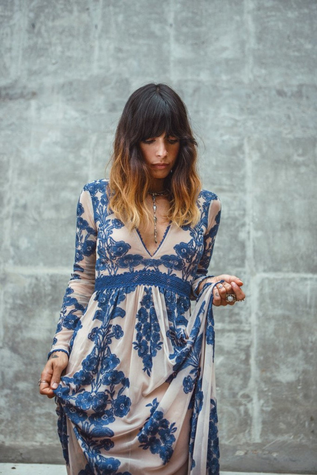 Embroidery Lace Sheer Long Sleeve Deep V Neck Boho Bohemian Beach Dress Gown