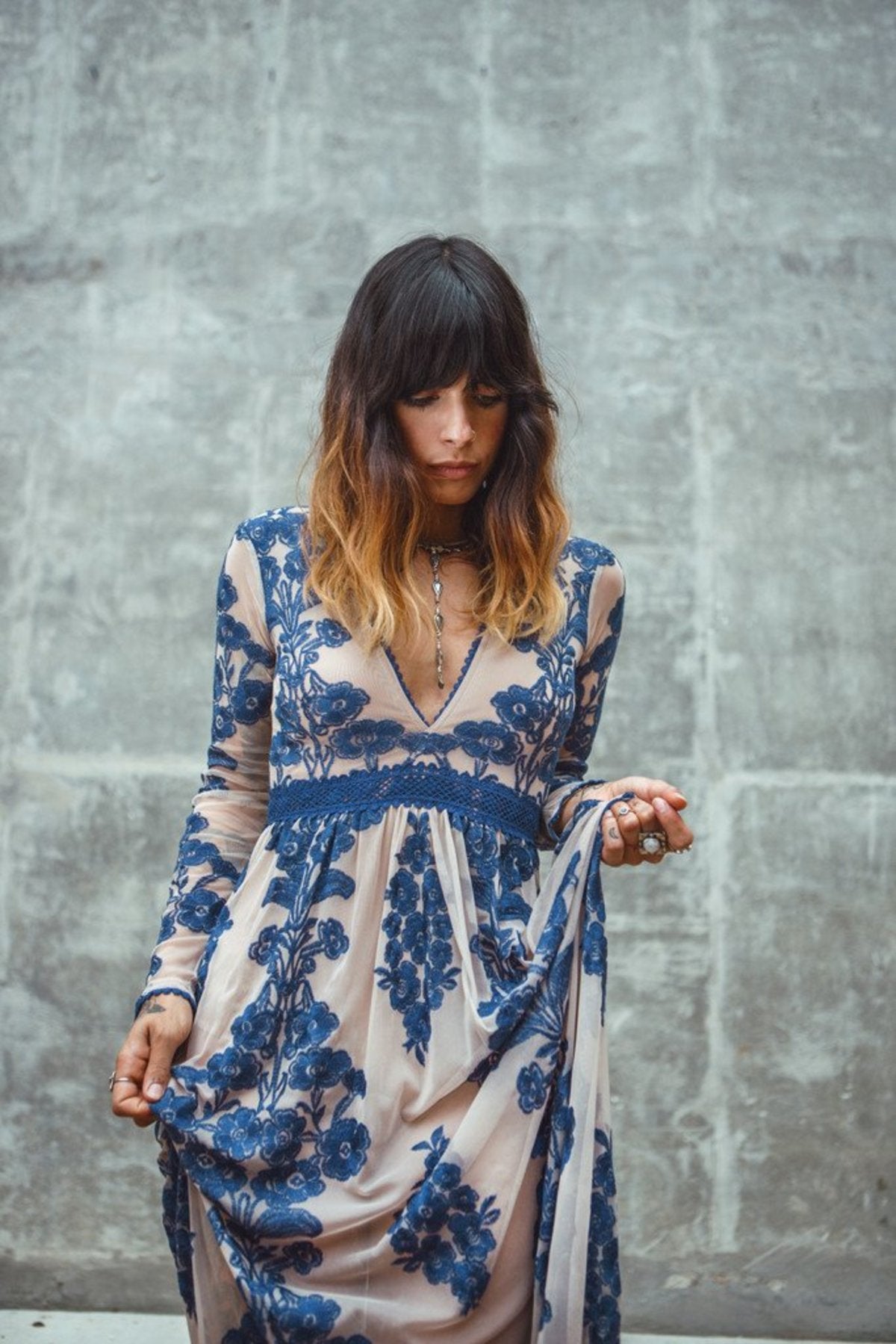 Embroidery Lace Sheer Long Sleeve Deep V Neck Boho Bohemian Beach Dress Gown