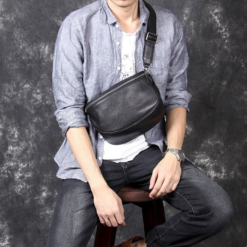 Black Leather Crossbody Sling Bag for Men