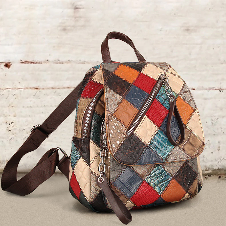 Small Patchwork Zipper Leather Backpack Bag for women