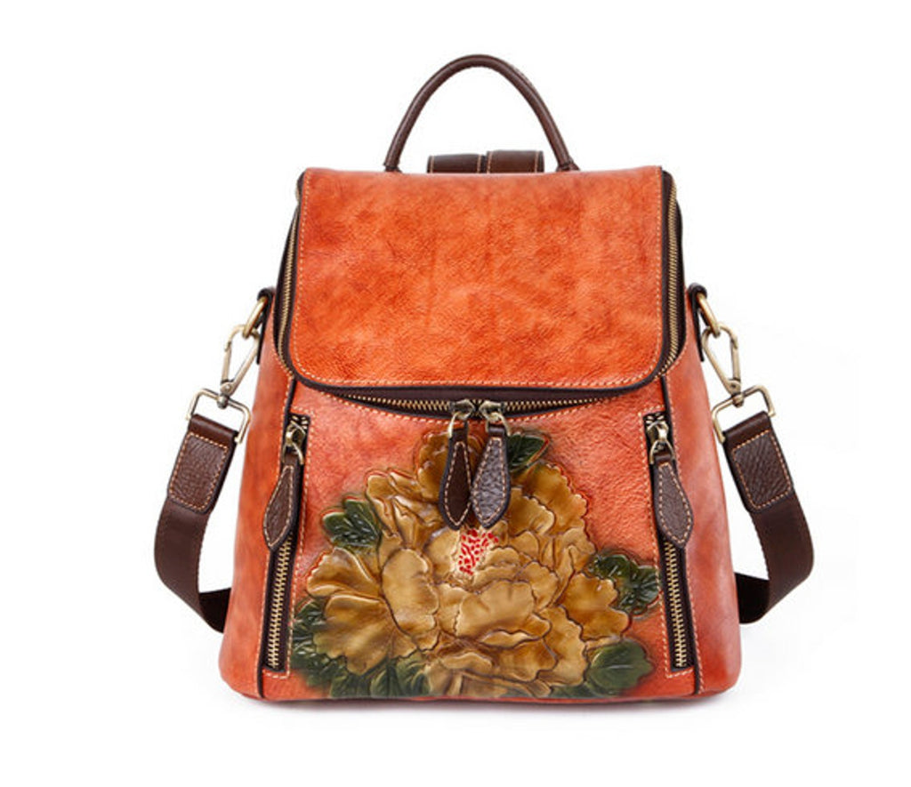 Unique Embossed Floral Leather Leather Backpack for Women