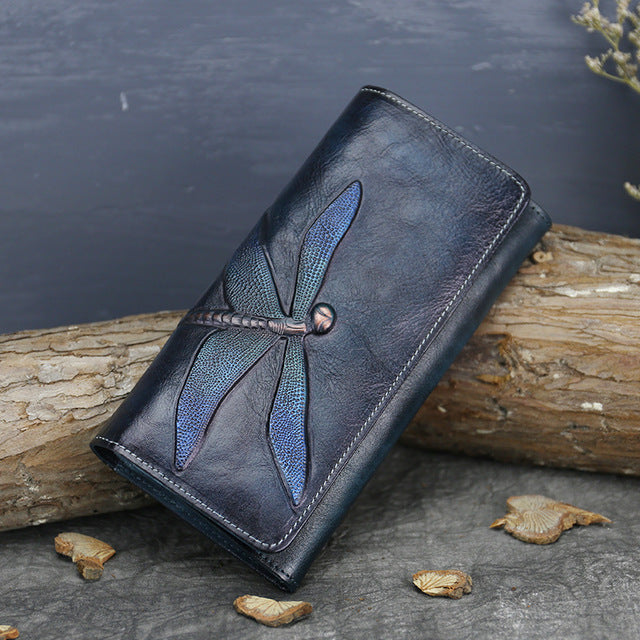 Womens Leather Wallet Purse Drangonfly Embossed Clutch Wallets for Women