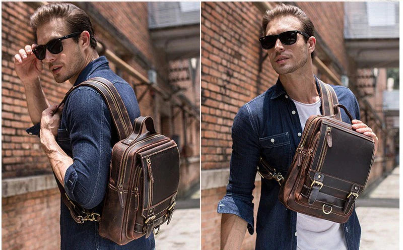 Mens Convertible Leather School Backpack Sling Bag