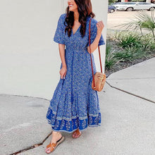 Load image into Gallery viewer, Blue Boho Floral Print Short Sleeve Maxi Dress
