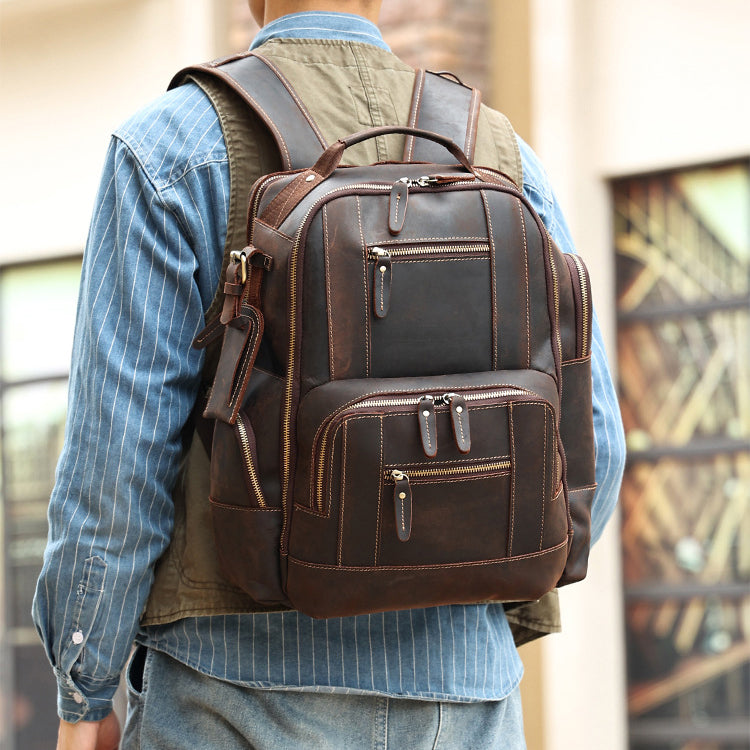 Men's Vintage Full Grain Leather 15.6 Inch Laptop School Backpack Camping Travel 24L Rucksack